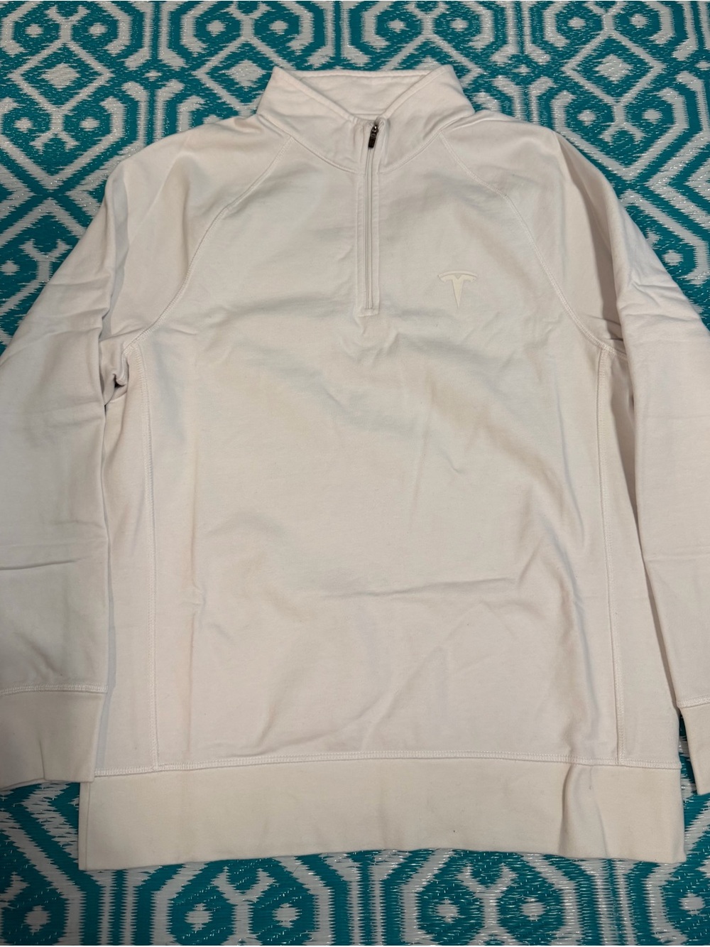 Tesla Men’s Cream White Quarter Zip Pullover Sweater Embroidered Logo Size M